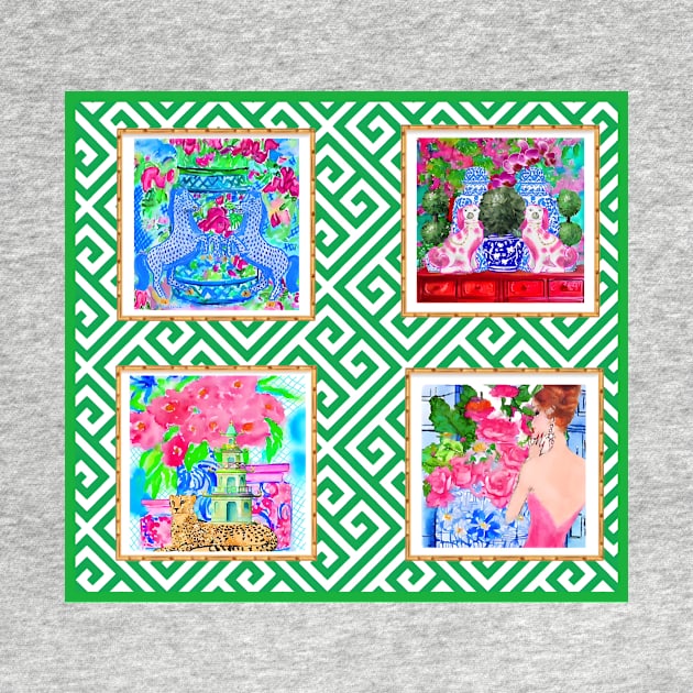 Preppy prints on green lattice by SophieClimaArt